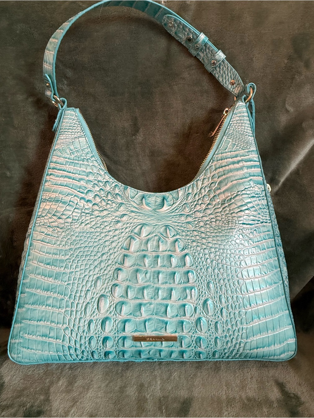 Brahmin Tabitha Melbourne Leather Shoulder Bag Aqua Blue Croc Embossed - Picture 2 of 7